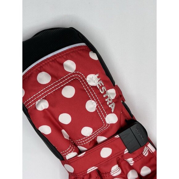 HESTRA GLOVES MITTENS GIRLS KIDS LONG ZIP MITTENS RED POLKA DOTS SIZE 3 - Picture 2 of 5